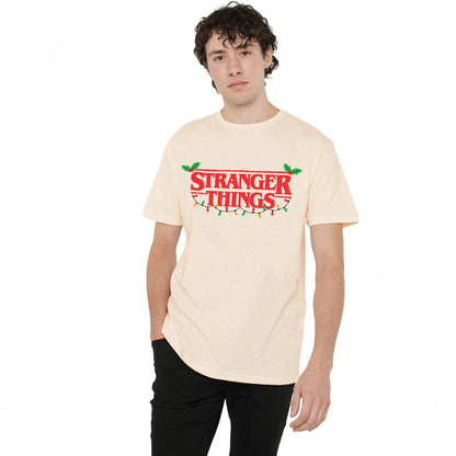 Natural - Back - Stranger Things Mens Logo Christmas T-Shirt