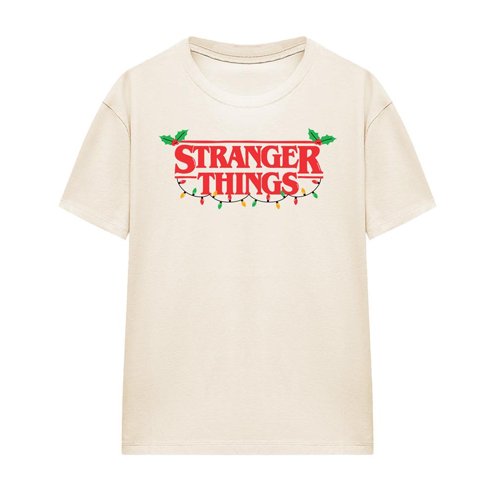 Natural - Front - Stranger Things Womens-Ladies Logo Christmas T-Shirt