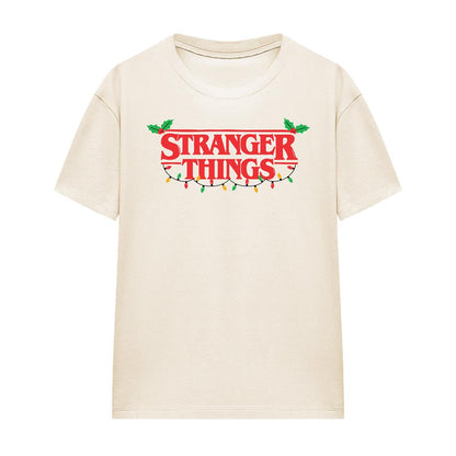 Natural - Front - Stranger Things Womens-Ladies Logo Christmas T-Shirt