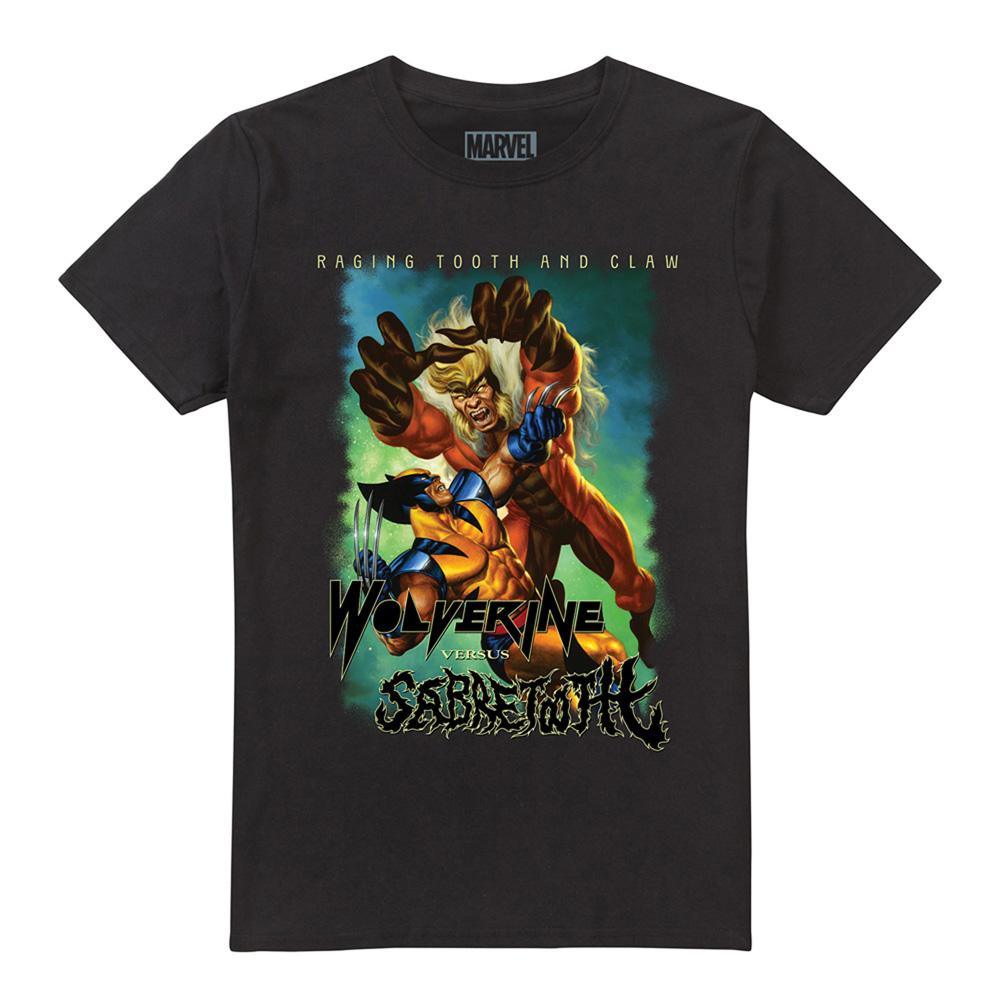 Black - Front - Marvel Unisex Adult Wolverine Versus Sabretooth Heavy Metal T-Shirt