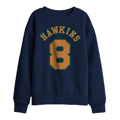 Navy - Front - Stranger Things Childrens-Kids Hawkins No 8 Sweatshirt