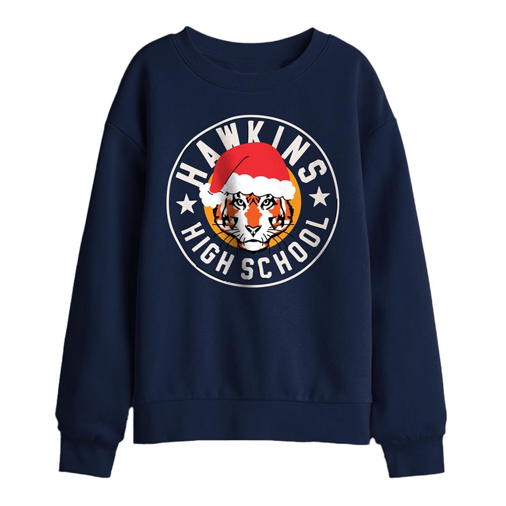 Navy - Front - Stranger Things Childrens-Kids Hawkins Badge Christmas Sweatshirt
