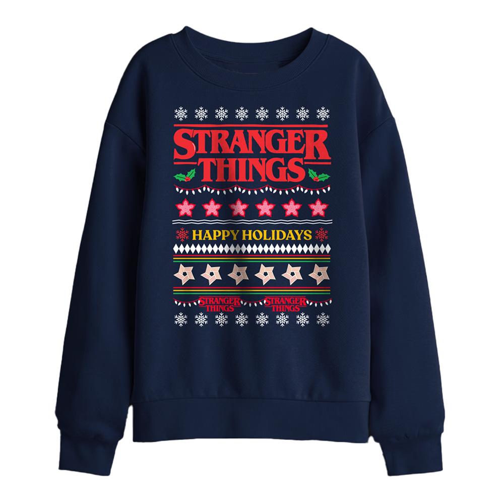 Navy - Front - Stranger Things Childrens-Kids Ugly Demogorgon Christmas Jumper Sweatshirt