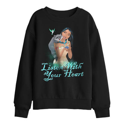 Black - Front - Pocahontas Childrens-Kids Listen With Your Heart Sweatshirt