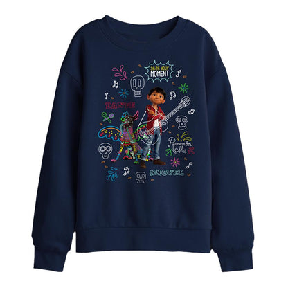 Navy - Front - Coco Childrens-Kids Movie Quotes And Colorful Doodles Miguel Dante Sweatshirt
