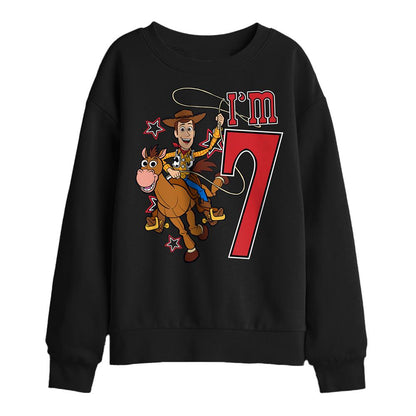 Black - Front - Toy Story Childrens-Kids I´m 7 Woody Birthday Sweatshirt