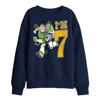 Navy - Front - Toy Story Childrens-Kids I´m 7 Buzz Lightyear Birthday Sweatshirt