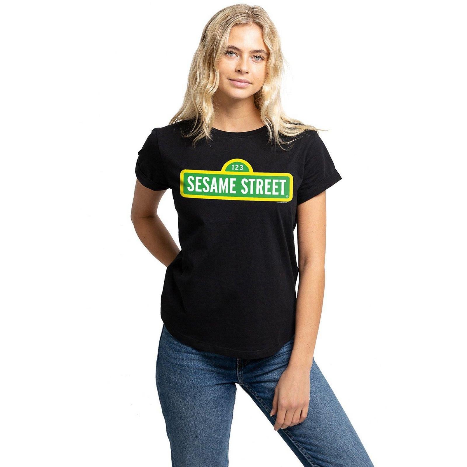 Black - Side - Sesame Street Womens-Ladies Logo T-Shirt
