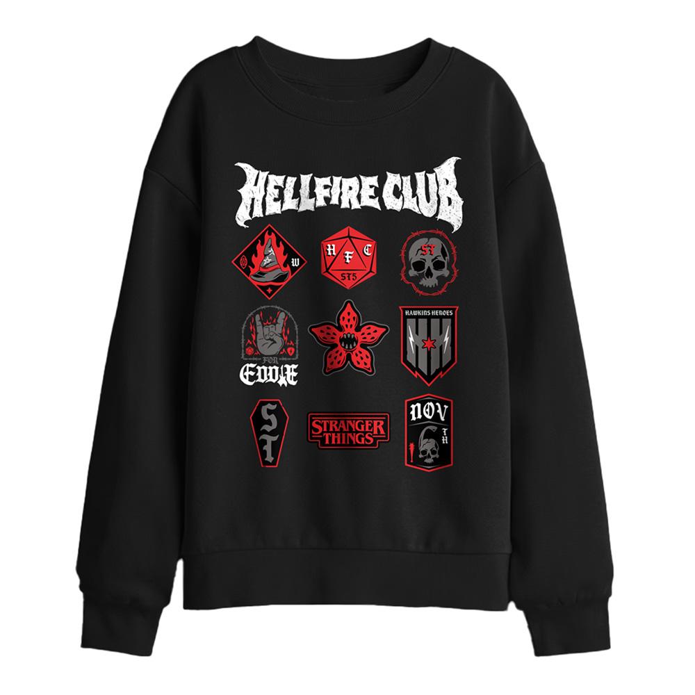 Black - Front - Stranger Things Childrens-Kids Hellfire Badge Sweatshirt
