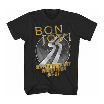 Black - Front - Bon Jovi Womens-Ladies Slippery When Wet World Tour Back Print T-Shirt