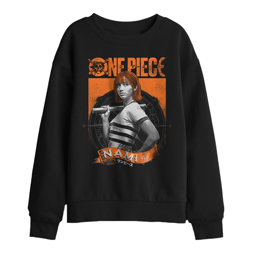 Black - Front - One Piece Childrens-Kids Nami Etched Portrait Sweatshirt