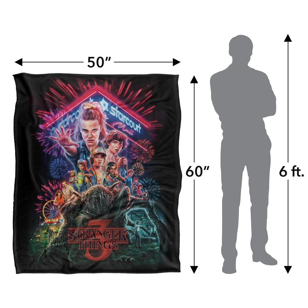 Black-Multicoloured - Side - Stranger Things 3 Silky Poster Supersoft Throw