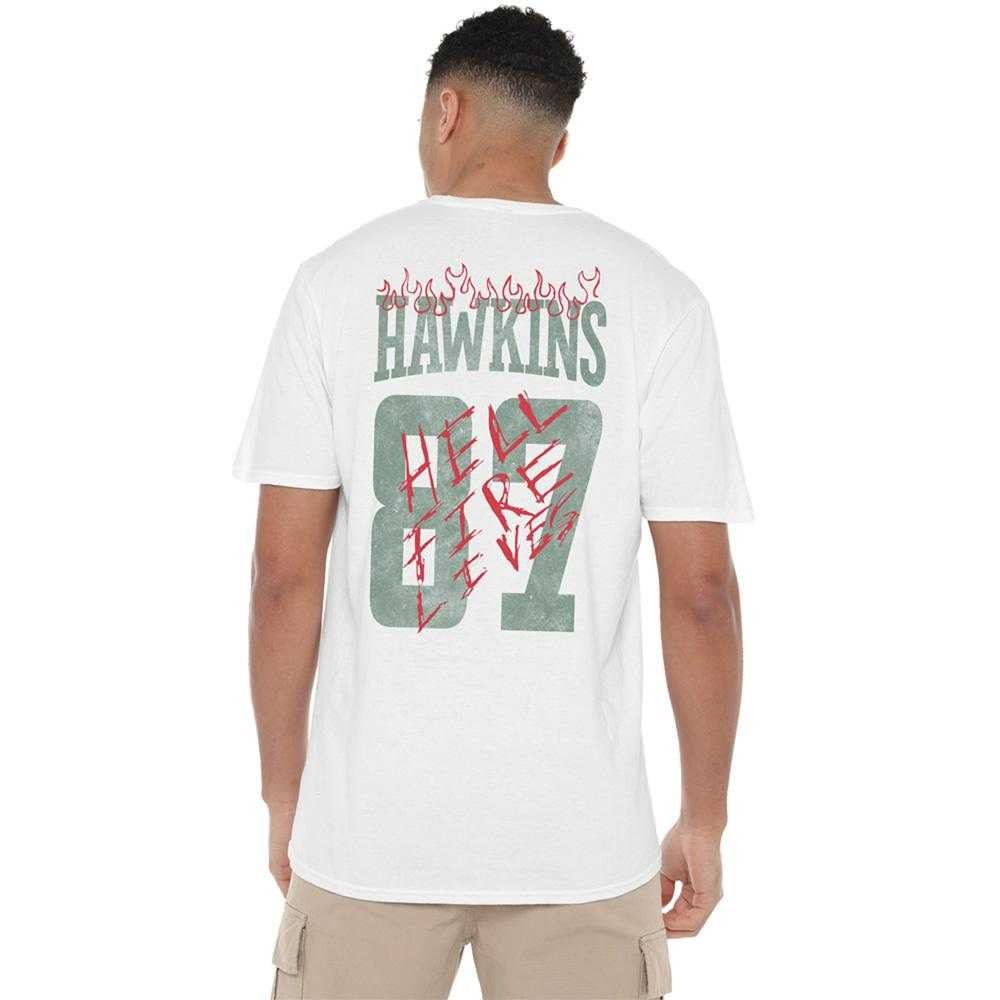 White - Pack Shot - Stranger Things Unisex Adult Hellfire Tigers Back Print T-Shirt