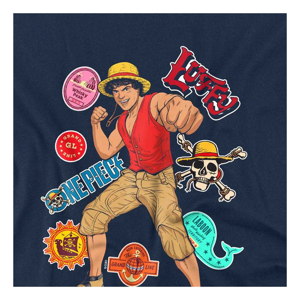 Navy - Side - One Piece Childrens-Kids Luffy Stickers T-Shirt