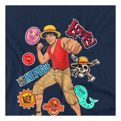 Navy - Side - One Piece Childrens-Kids Luffy Stickers T-Shirt