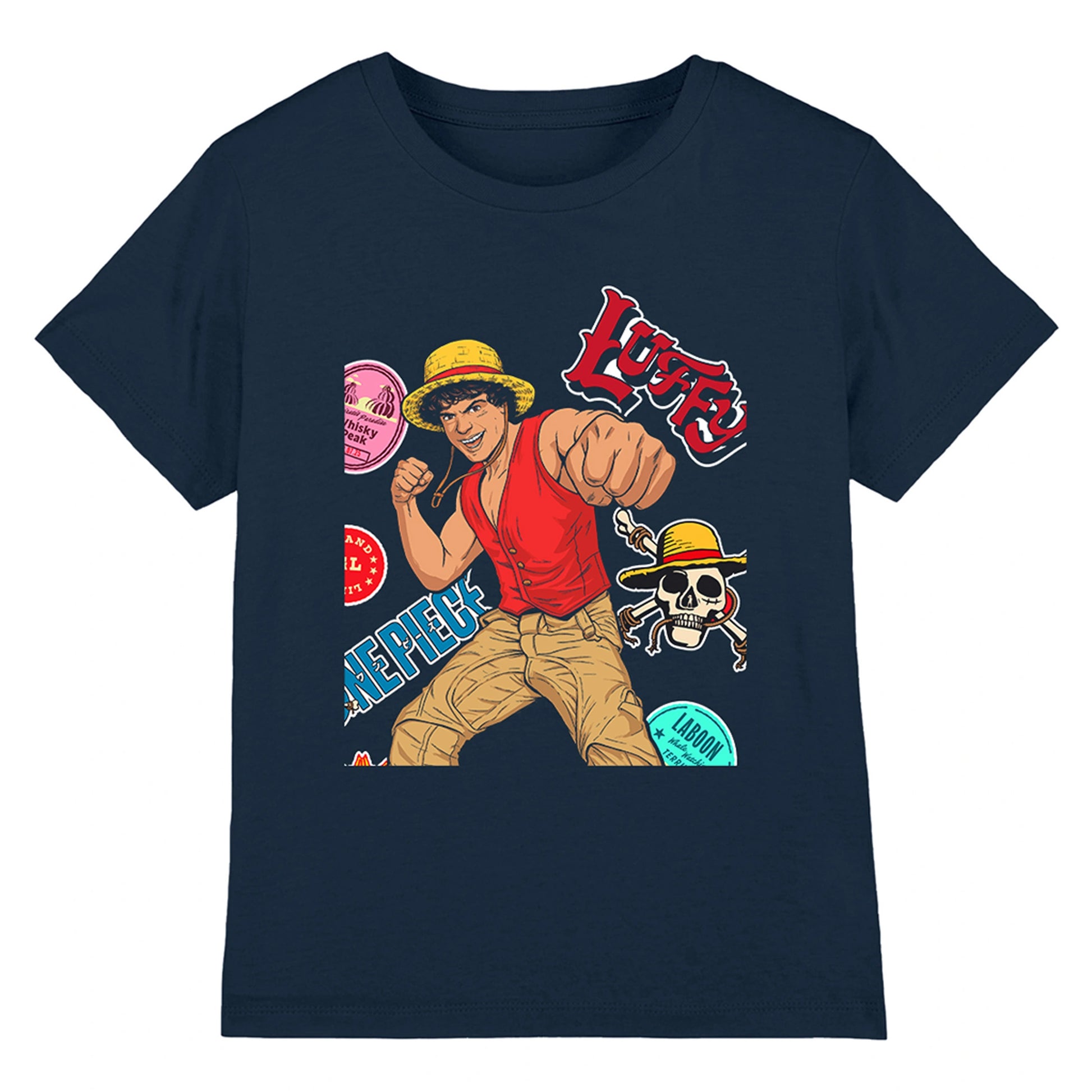 Navy - Front - One Piece Childrens-Kids Luffy Stickers T-Shirt