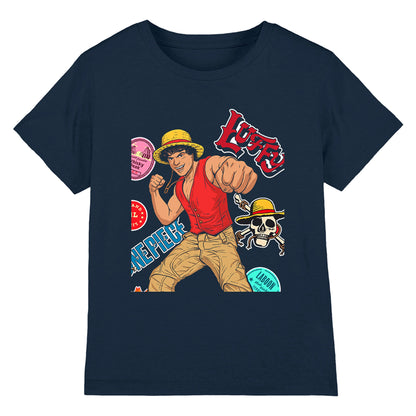 Navy - Front - One Piece Childrens-Kids Luffy Stickers T-Shirt