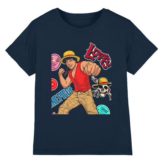 Navy - Front - One Piece Childrens-Kids Luffy Stickers T-Shirt