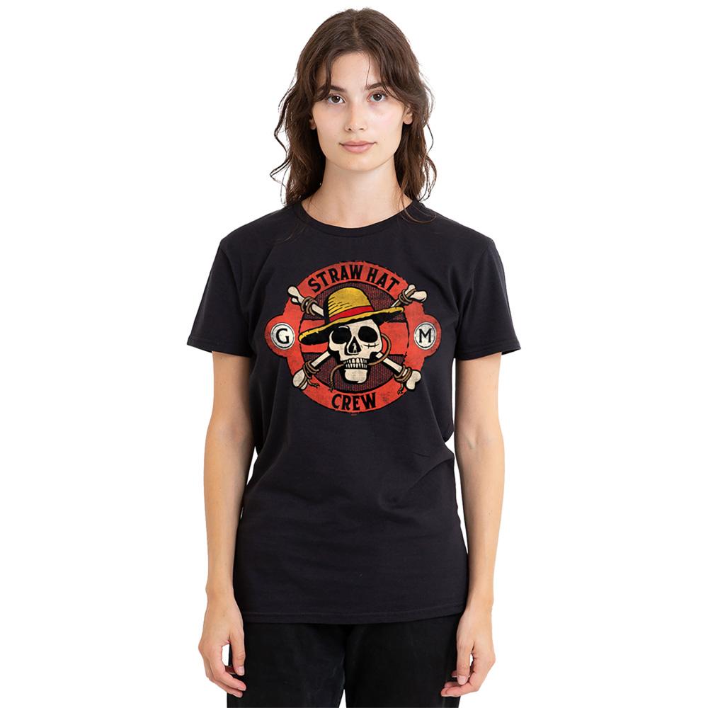Black - Back - One Piece Womens-Ladies Straw Hat Crew Skull T-Shirt