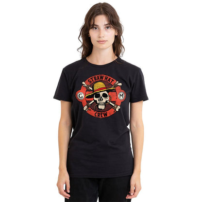 Black - Back - One Piece Womens-Ladies Straw Hat Crew Skull T-Shirt