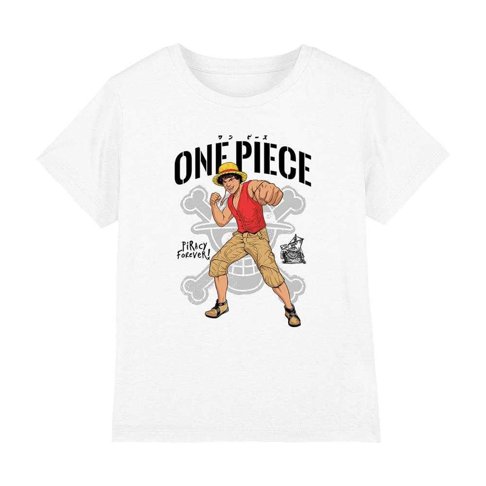 White - Front - One Piece Childrens-Kids Piracy Forever! Luffy T-Shirt