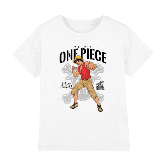 White - Front - One Piece Childrens-Kids Piracy Forever! Luffy T-Shirt