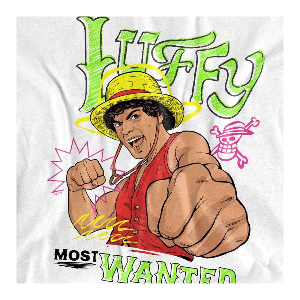 White - Side - One Piece Childrens-Kids Most Wanted Luffy Scribble T-Shirt