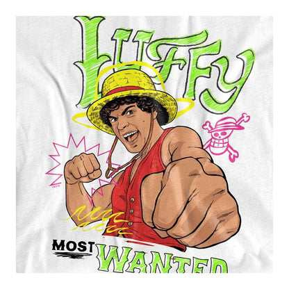 White - Side - One Piece Childrens-Kids Most Wanted Luffy Scribble T-Shirt