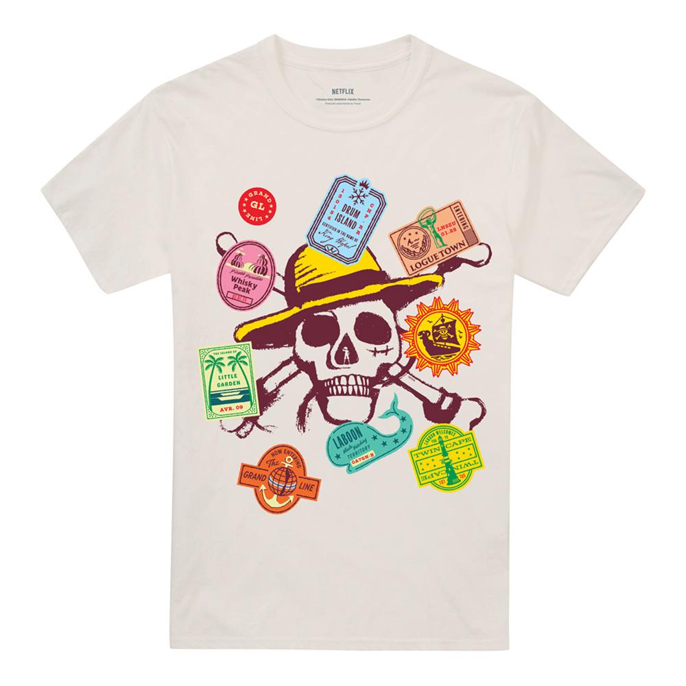 Natural - Front - One Piece Unisex Adult Travel Stickers Skull T-Shirt
