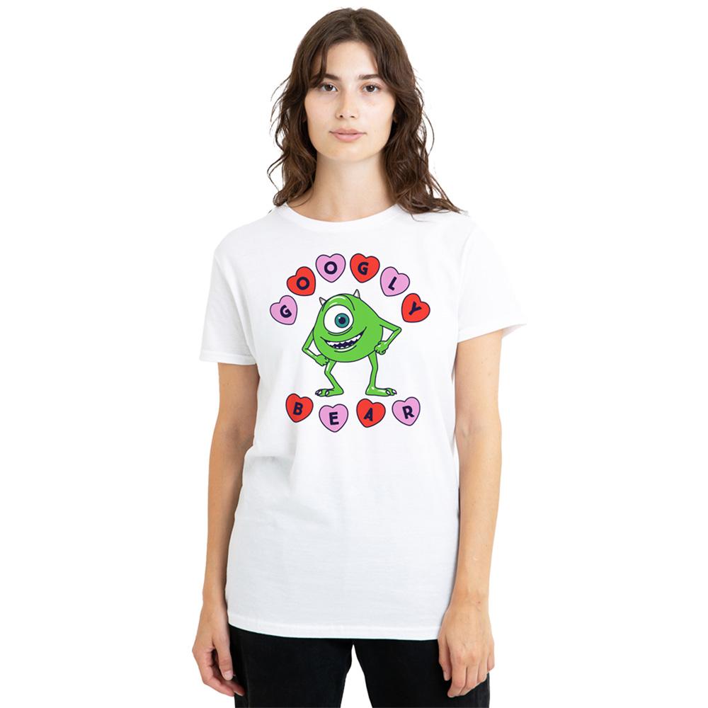 White - Back - Monsters Inc Womens-Ladies Googly Bear Mike Wazowski Hearts T-Shirt