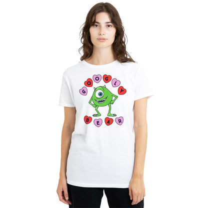 White - Back - Monsters Inc Womens-Ladies Googly Bear Mike Wazowski Hearts T-Shirt