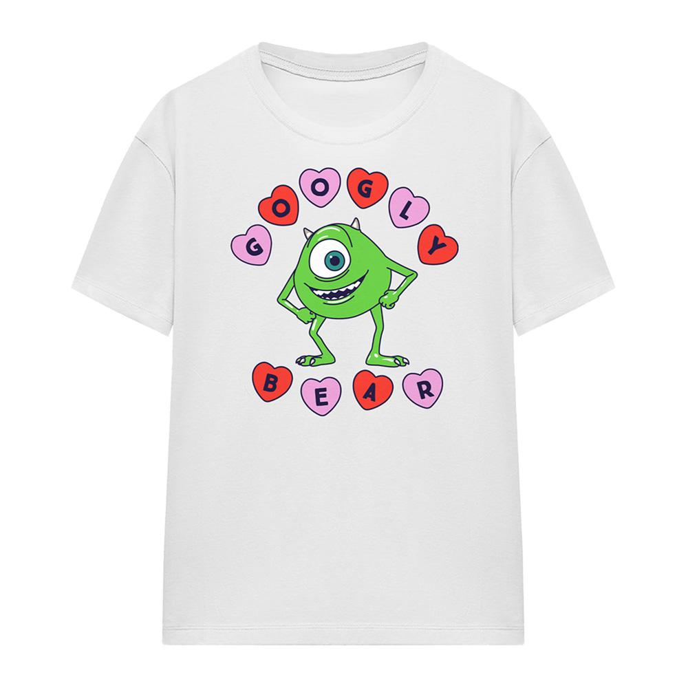 White - Front - Monsters Inc Womens-Ladies Googly Bear Mike Wazowski Hearts T-Shirt