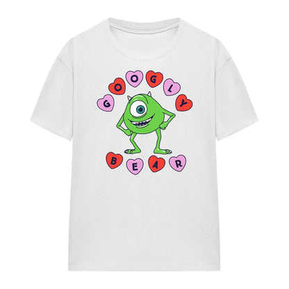 White - Front - Monsters Inc Womens-Ladies Googly Bear Mike Wazowski Hearts T-Shirt
