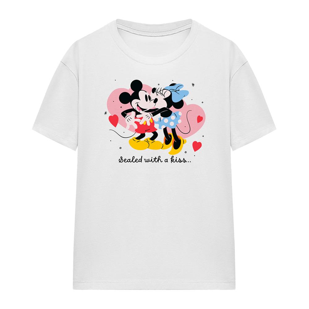 White - Front - Disney Womens-Ladies Sealed With A Kiss Mickey & Minnie Mouse T-Shirt