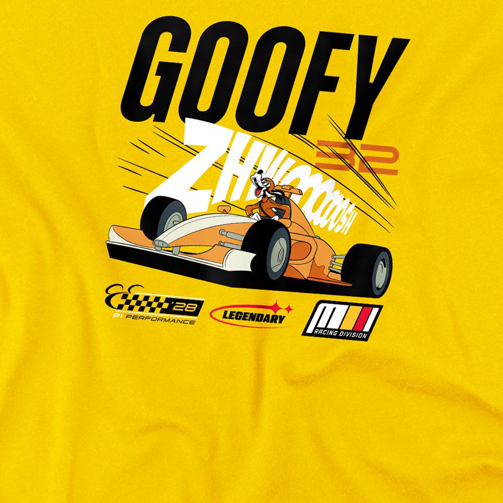 Yellow - Side - Disney Childrens-Kids Goofy Racing Cars T-Shirt