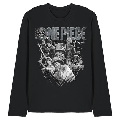 Black - Front - One Piece Unisex Adult Straw Hat Crew Heavy Metal Long-Sleeved T-Shirt