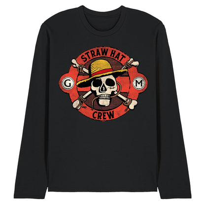 Black - Front - One Piece Unisex Adult Straw Hat Crew Skull Long-Sleeved T-Shirt