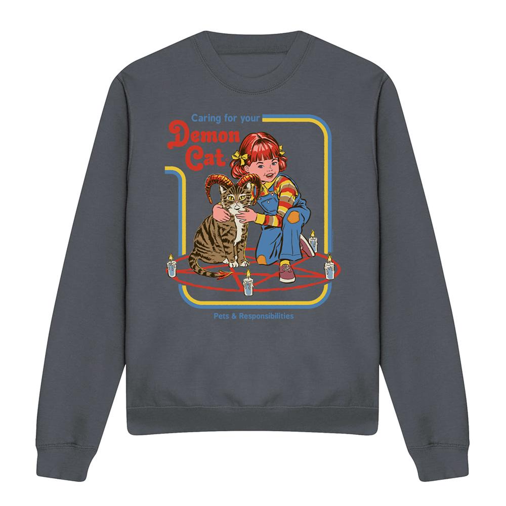 Charcoal - Front - Steven Rhodes Unisex Adult Caring For Your Demon Cat Sweatshirt