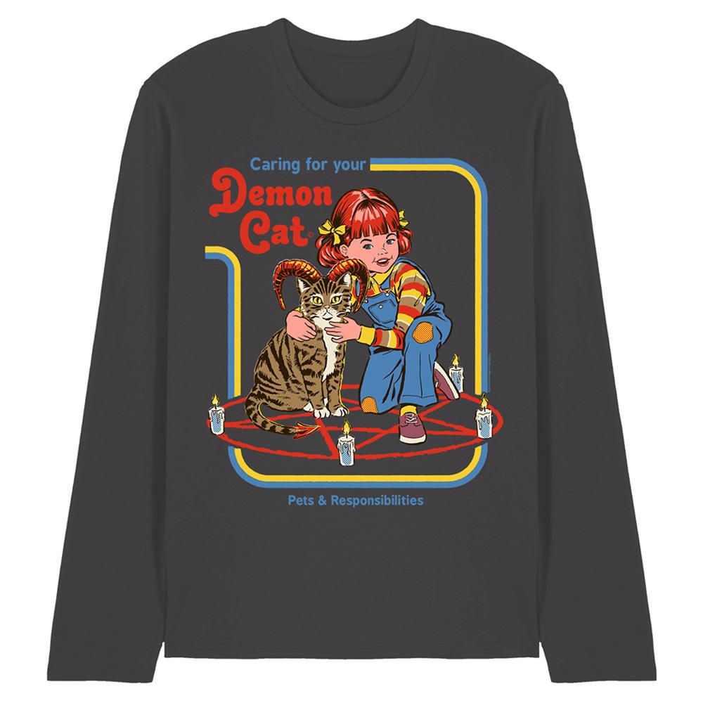 Charcoal - Front - Steven Rhodes Unisex Adult Caring For Your Demon Cat Long-Sleeved T-Shirt