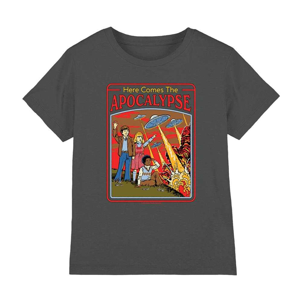 Charcoal - Front - Steven Rhodes Childrens-Kids Here Comes The Apocalypse T-Shirt