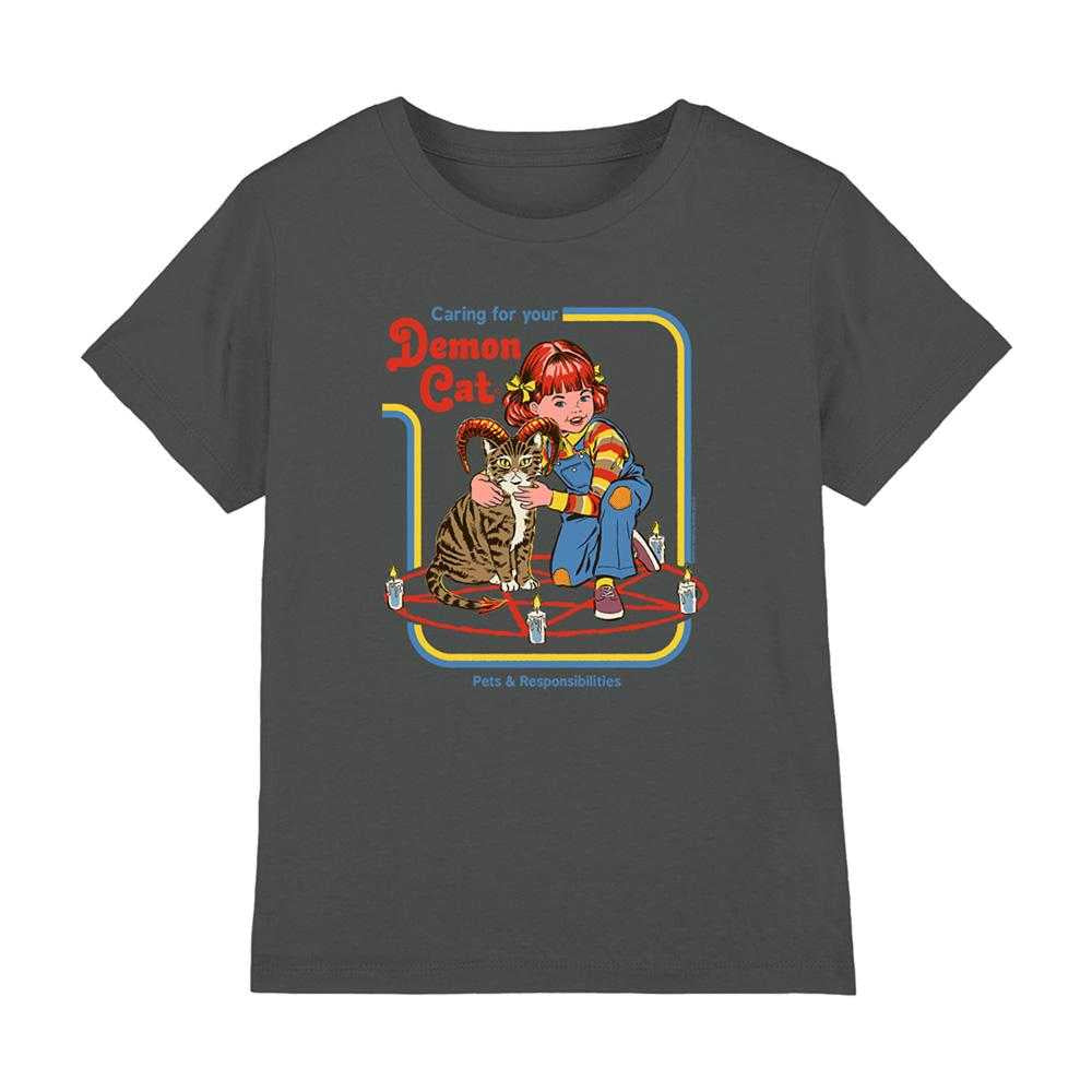 Charcoal - Front - Steven Rhodes Childrens-Kids Caring For Your Demon Cat T-Shirt