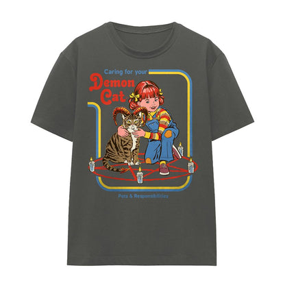 Charcoal - Front - Steven Rhodes Unisex Adult Caring For Your Demon Cat T-Shirt
