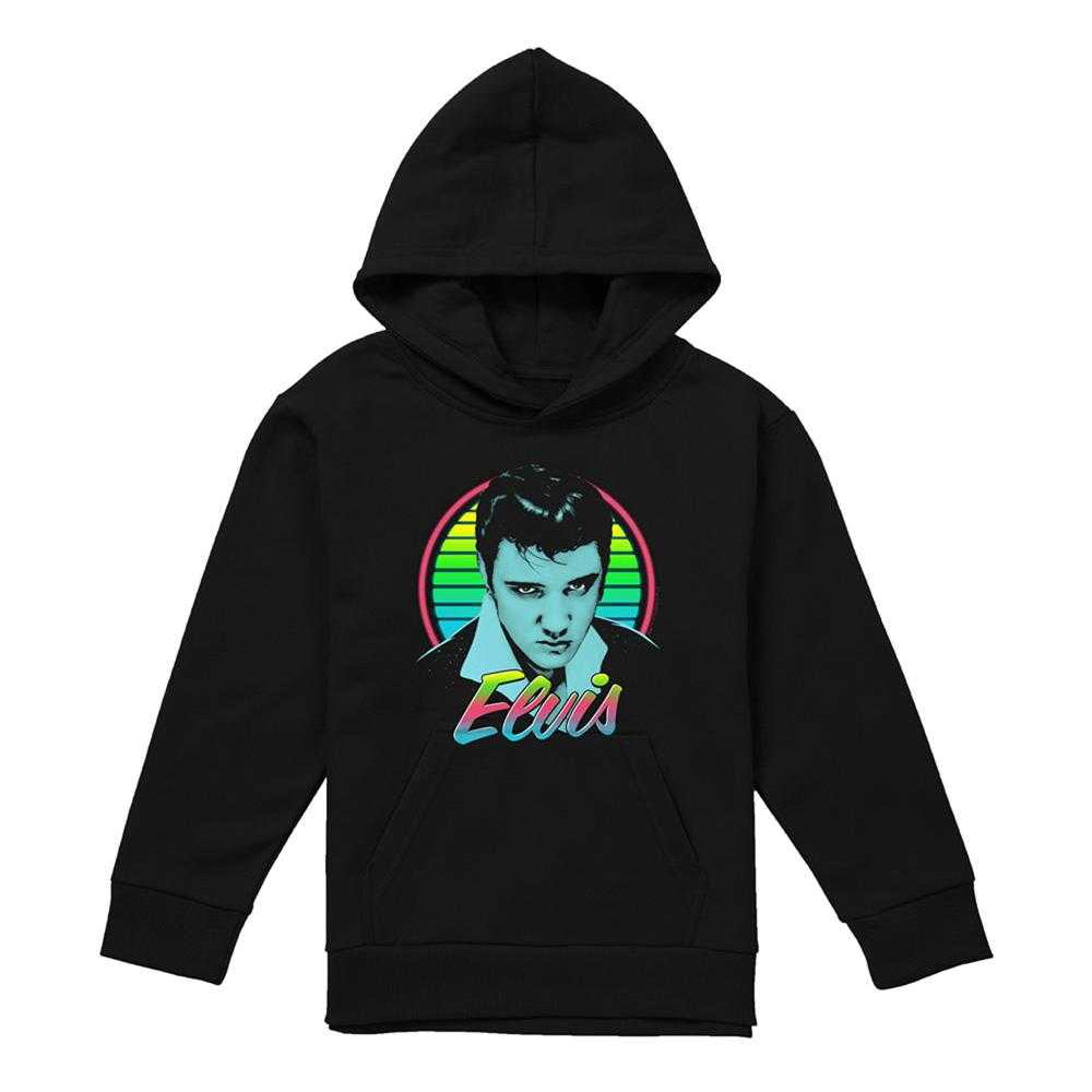 Black - Front - Elvis Presley Childrens-Kids Neon King Pull Over Hoodie