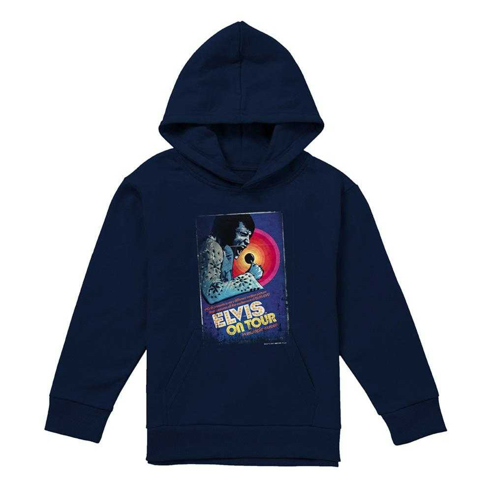 Navy - Front - Elvis Presley Childrens-Kids On Tour Poster Hoodie