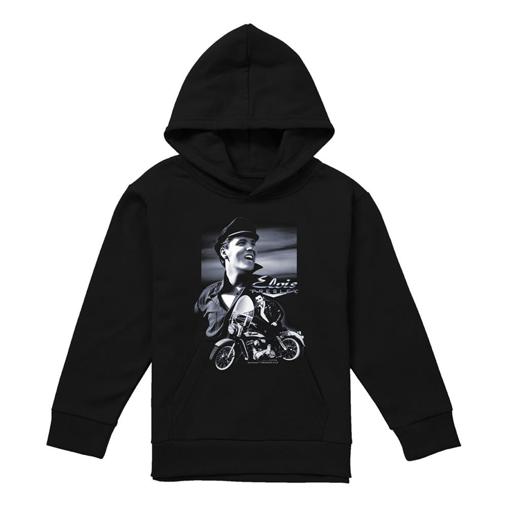 Black - Front - Elvis Presley Childrens-Kids Motorbike Pull Over Hoodie