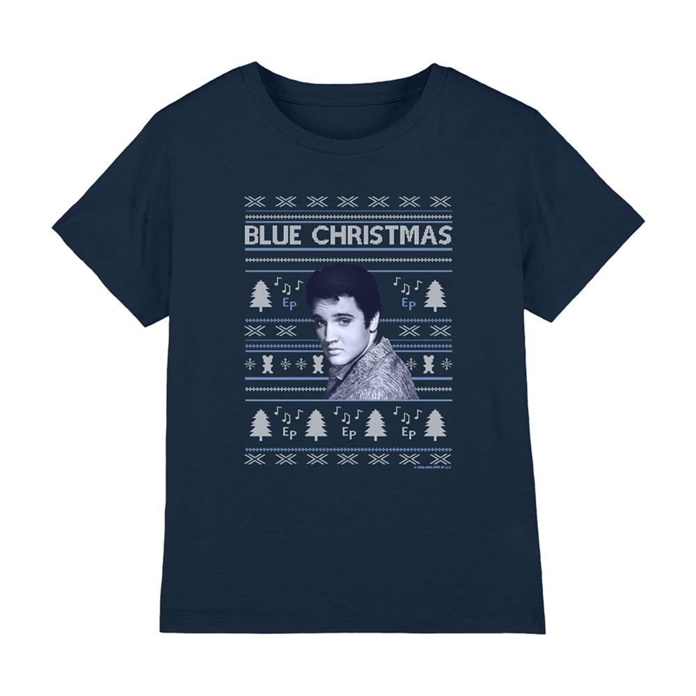 Navy - Front - Elvis Presley Childrens-Kids Blue Ugly Christmas Fair Isle T-Shirt