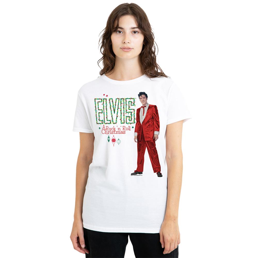 White - Back - Elvis Presley Womens-Ladies Holiday Lights T-Shirt