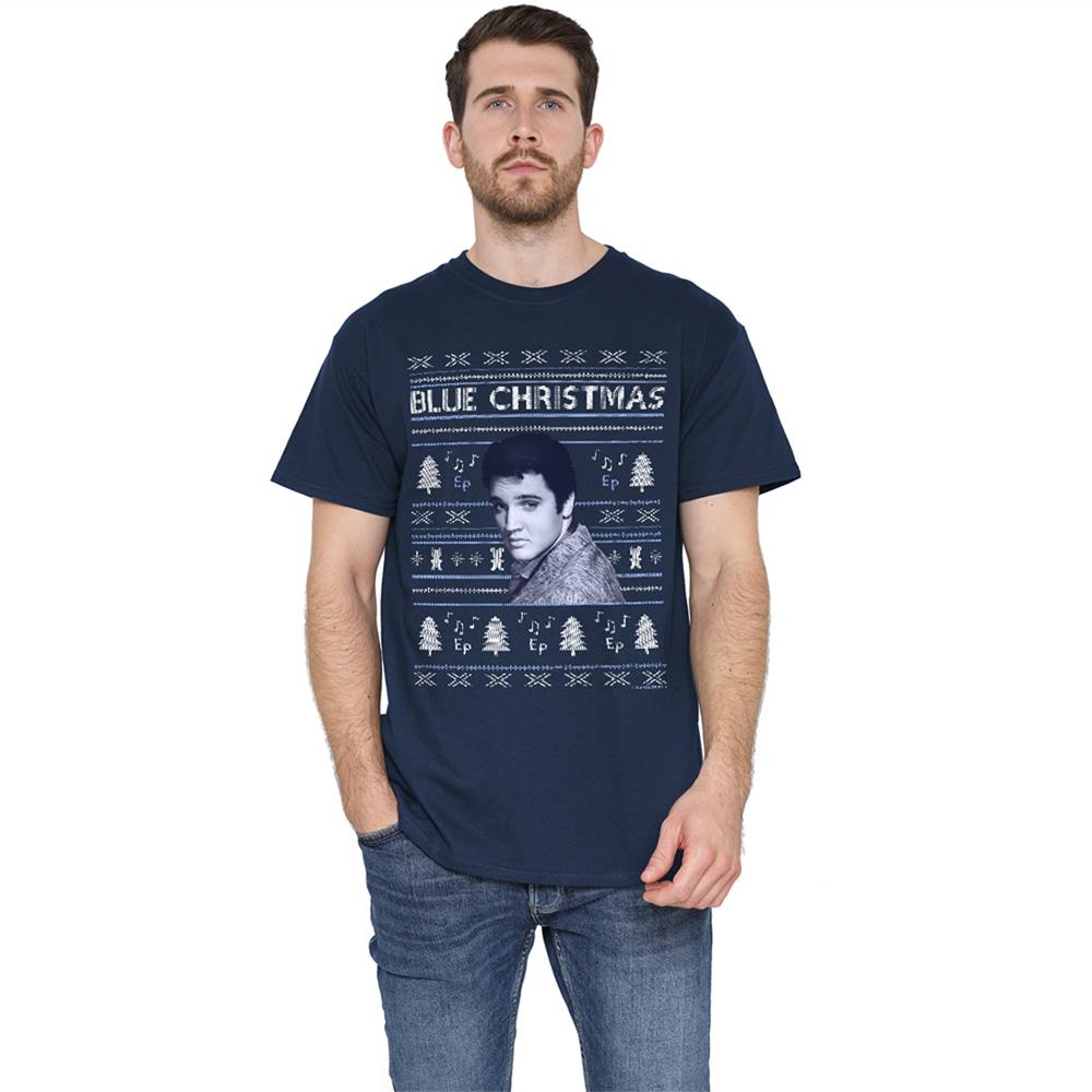 Navy - Back - Elvis Presley Unisex Adult Blue Ugly Christmas Fair Isle T-Shirt