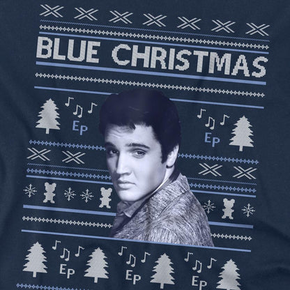 Navy - Side - Elvis Presley Unisex Adult Blue Ugly Christmas Fair Isle T-Shirt
