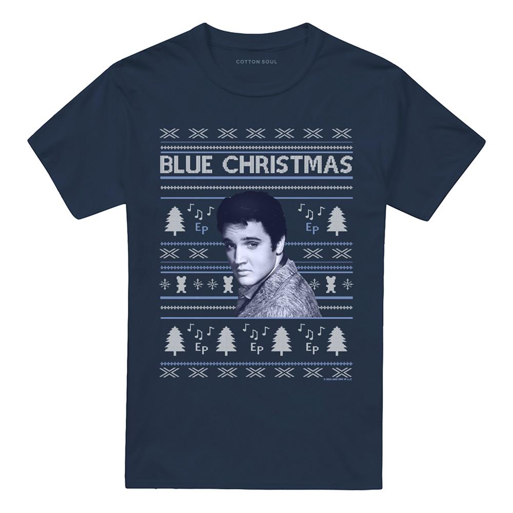 Navy - Front - Elvis Presley Unisex Adult Blue Ugly Christmas Fair Isle T-Shirt